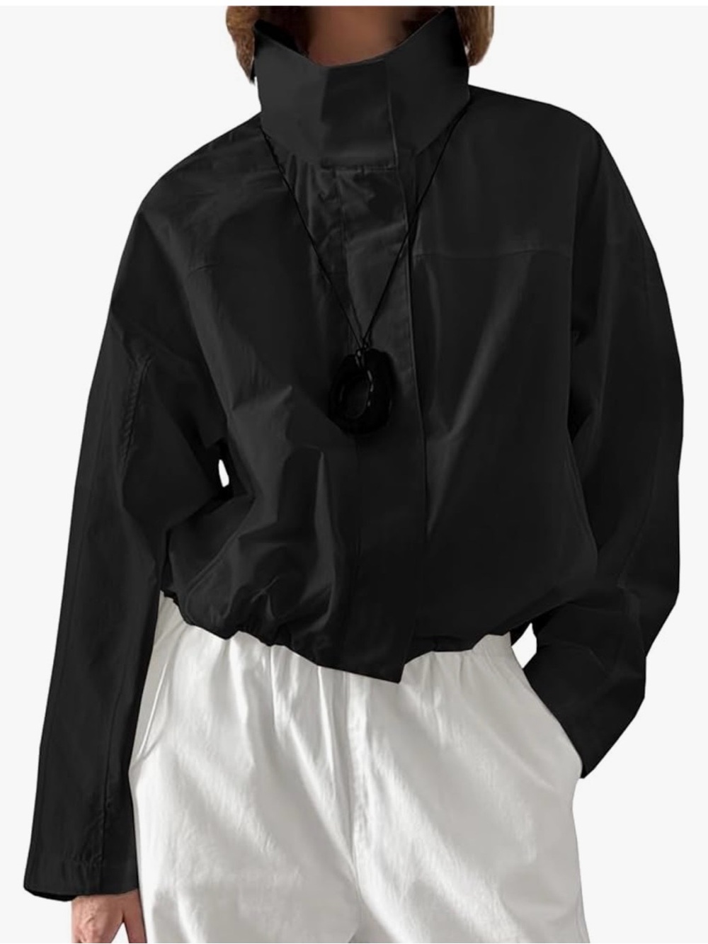 Women's Black High-Collar Button-Front Jacket Shirt jacket